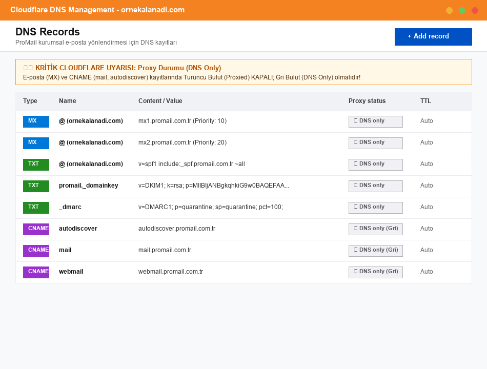 Cloudflare DNS Yönetimi ve Kayıt Tablosu