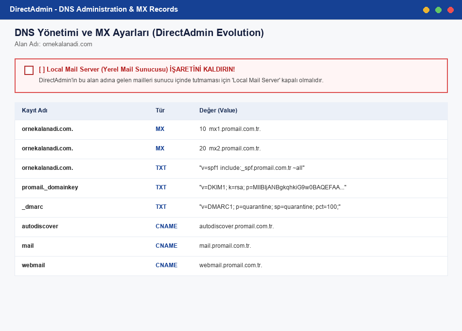 DirectAdmin DNS Yönetimi ve MX Ekranı