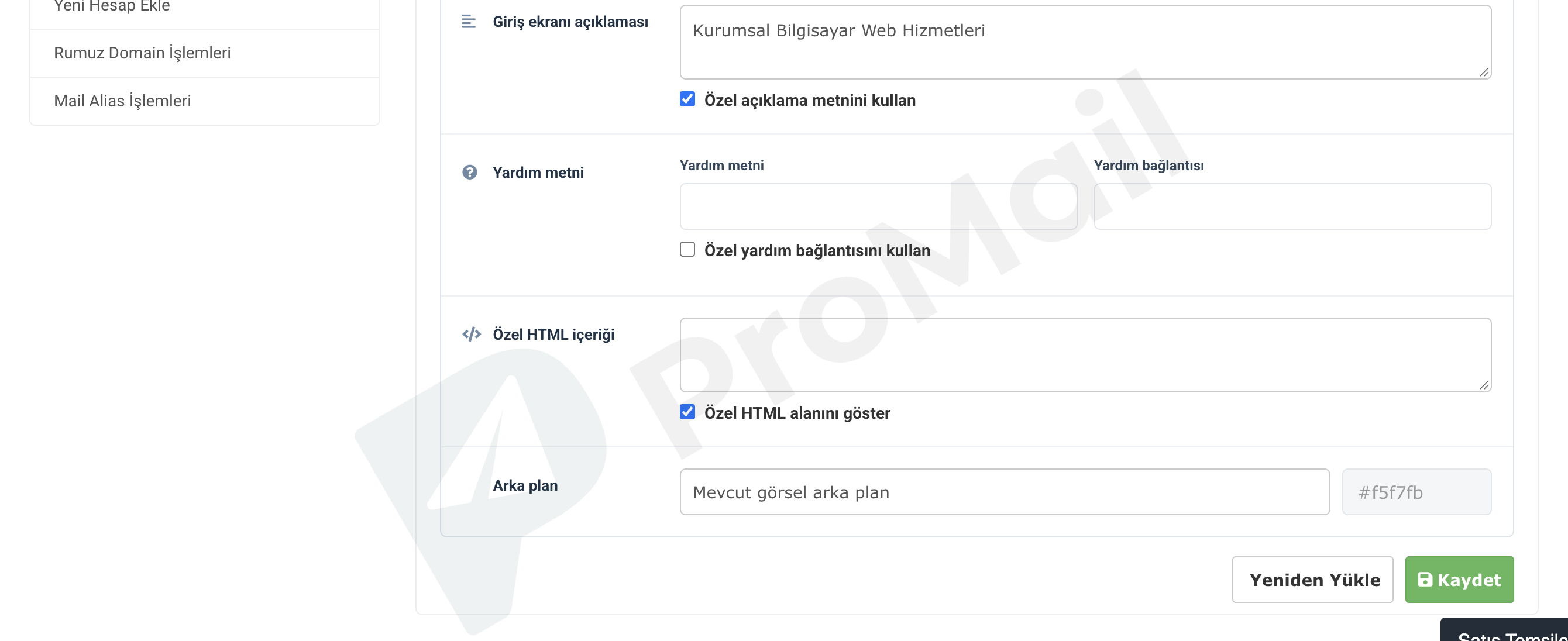 ProMail Webmail Giriş Ekranı Arka Plan ve HTML Ayarları