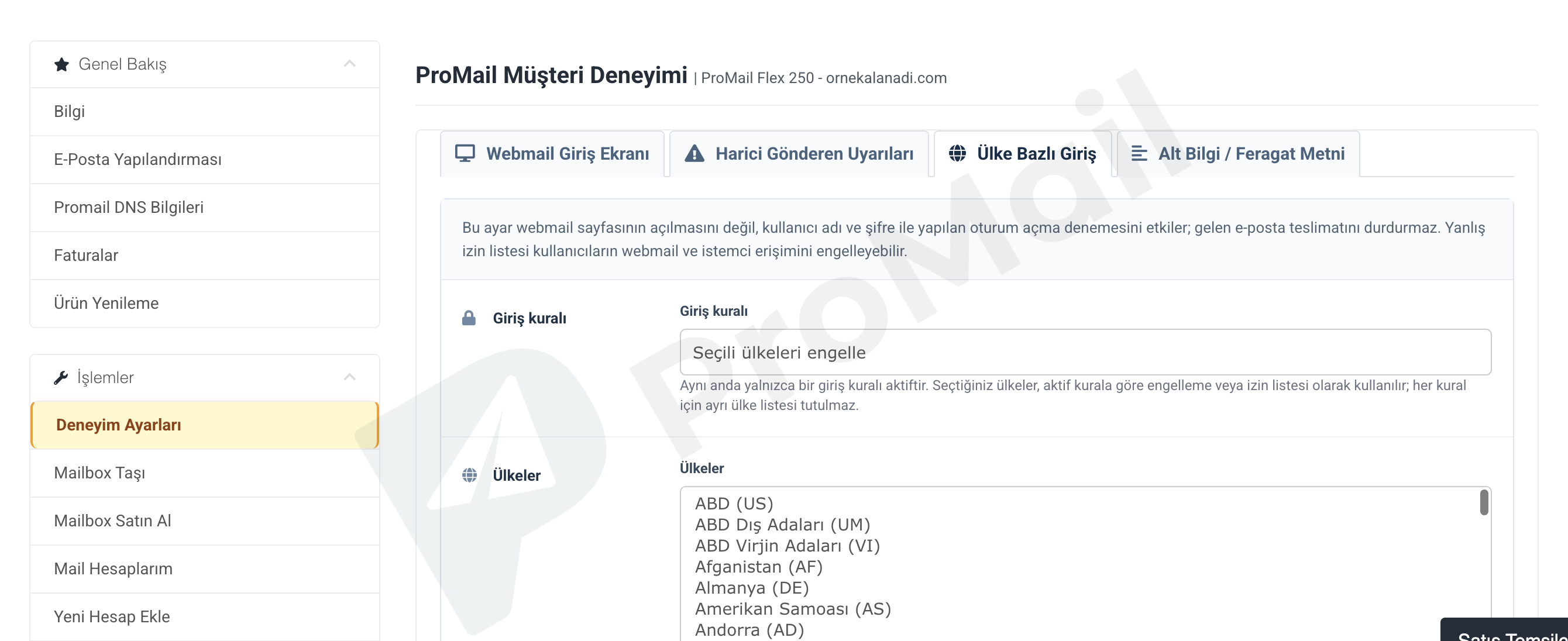 ProMail Müşteri Paneli Ülke Bazlı Giriş Kısıtlaması