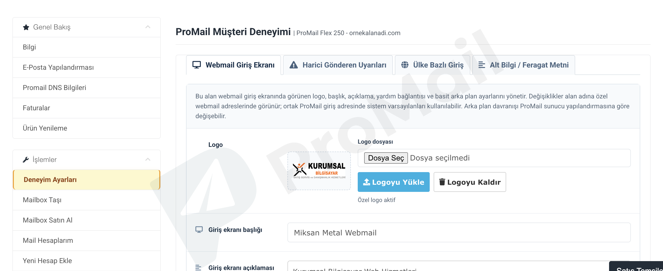ProMail Müşteri Paneli Deneyim Ayarları Webmail Giriş Ekranı