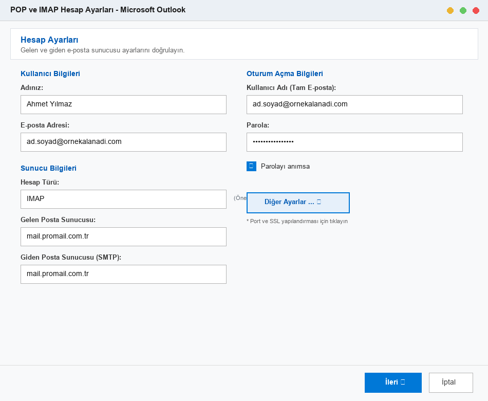 Outlook 2016 ve 2019 Hesap Ayarları Ekranı