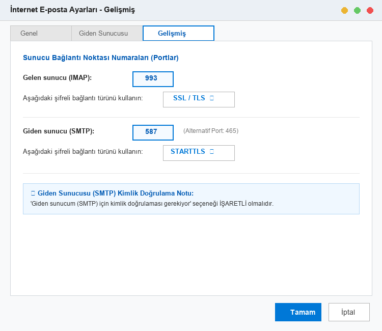 Outlook Gelişmiş Port ve SSL Ayarları
