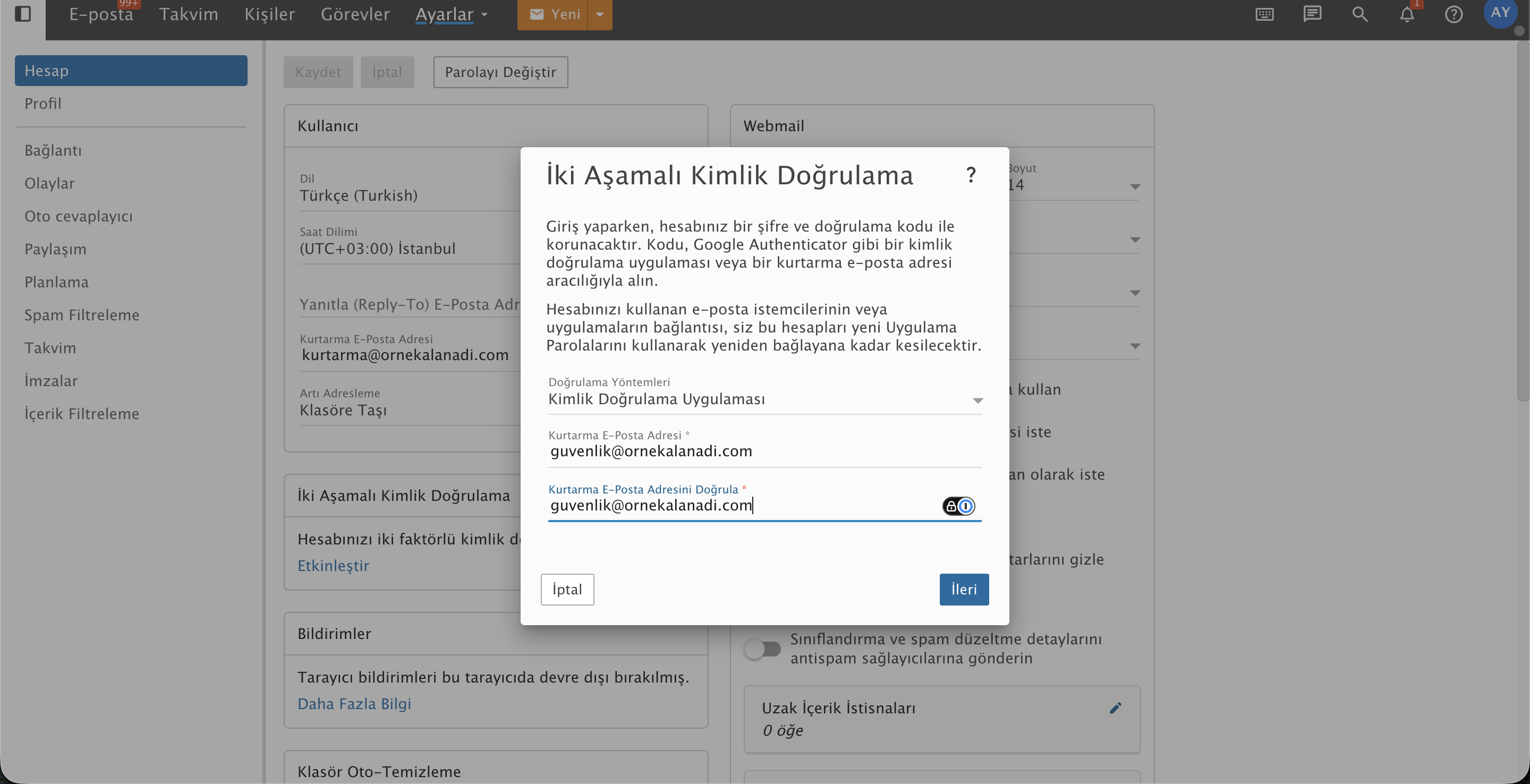 ProMail Webmail 2FA Kurulum Modalı