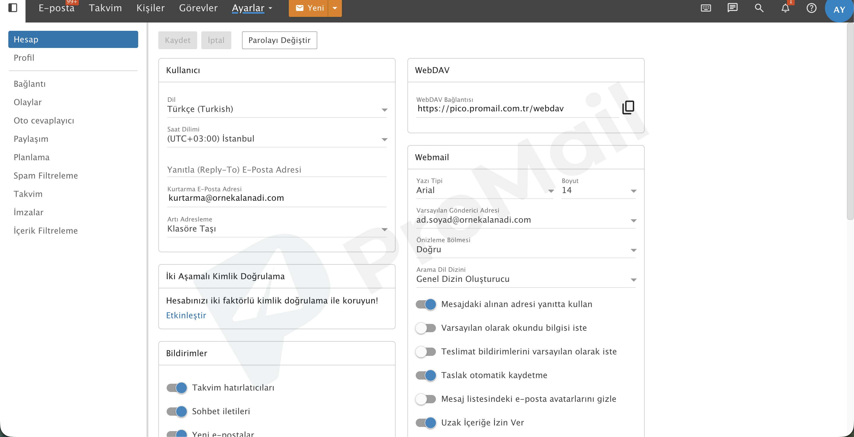 ProMail Webmail Ayarlar Ana Ekranı