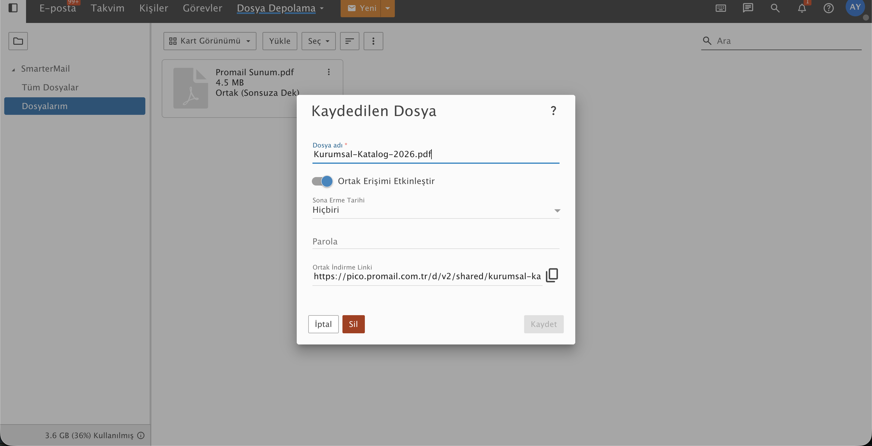 ProMail Webmail Dosya Paylaşım Modalı