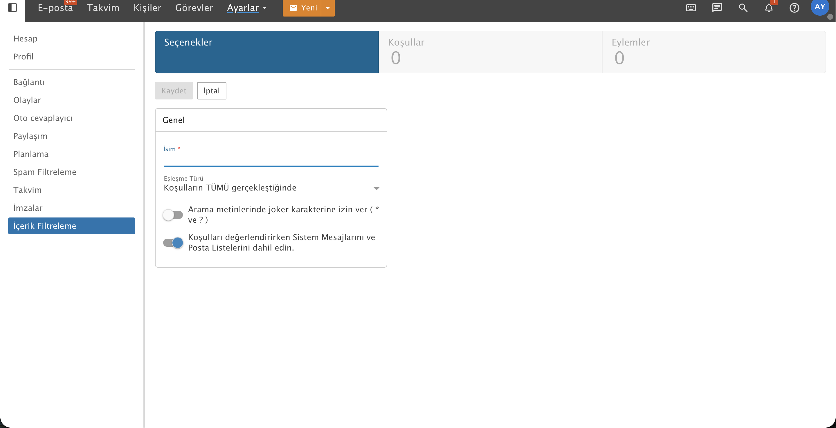 ProMail Yeni Filtre Oluşturma Sihirbazı