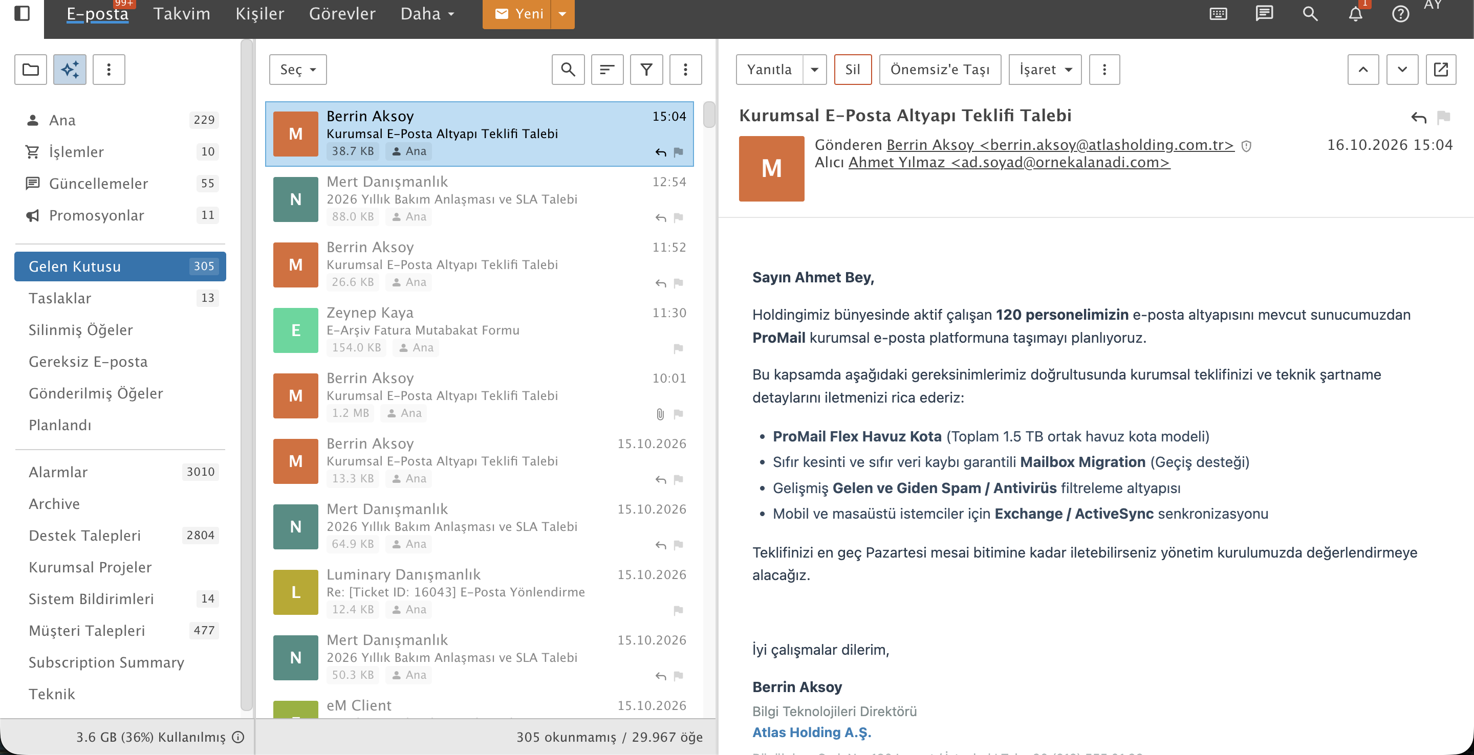 ProMail Webmail Gelen Kutusu Ana Ekranı