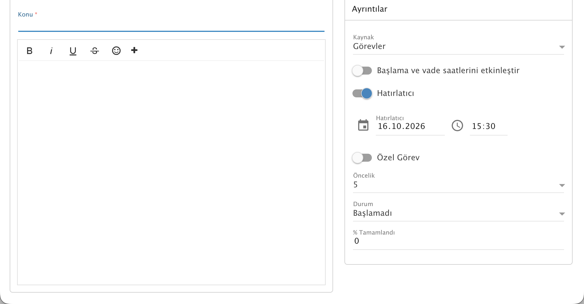 ProMail Yeni Görev Oluşturma Penceresi