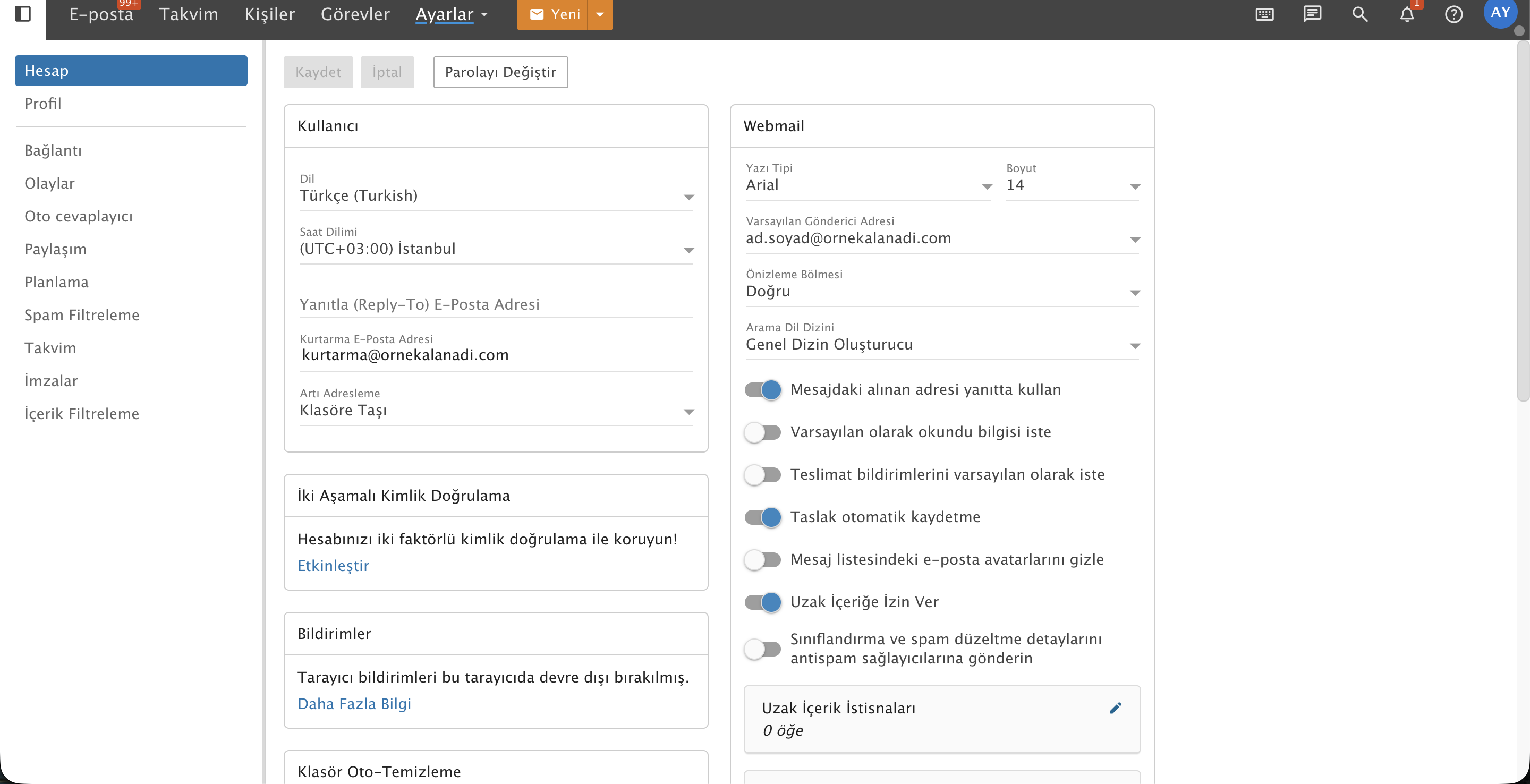 ProMail Webmail Hesap Ayarları ve Güvenlik Ekranı