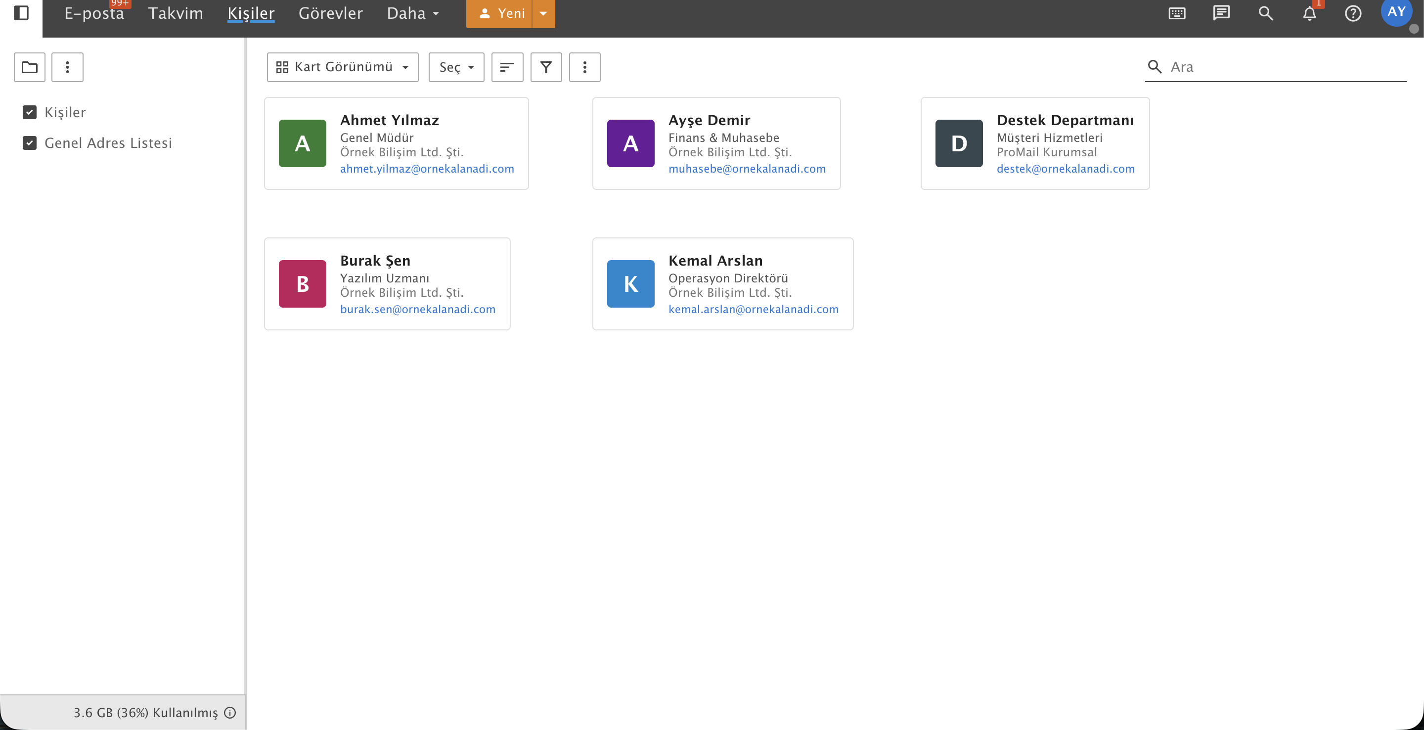 ProMail Webmail Kişiler Ana Ekranı