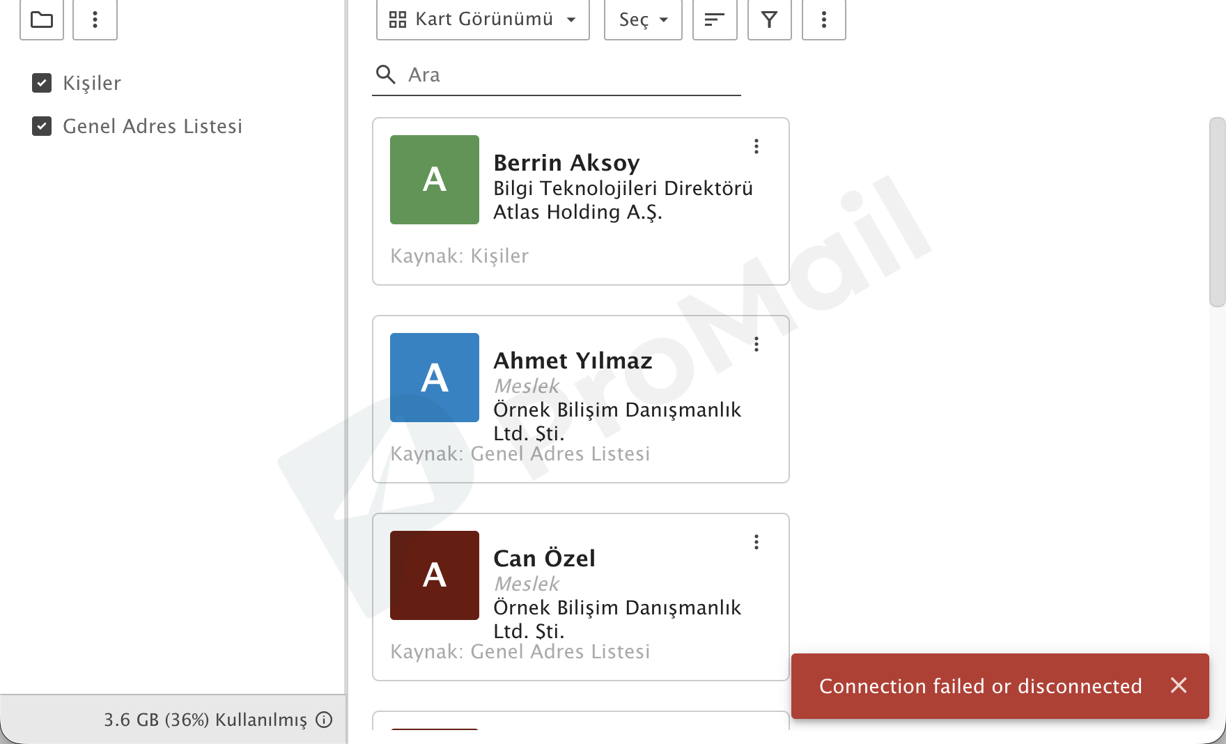 ProMail Webmail Kişiler Ana Ekranı