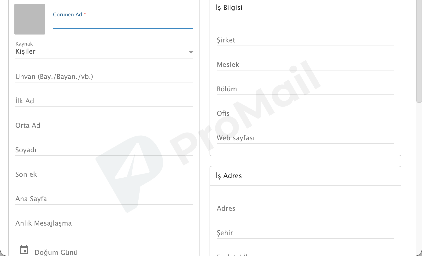 ProMail Webmail Yeni Kişi Kartı