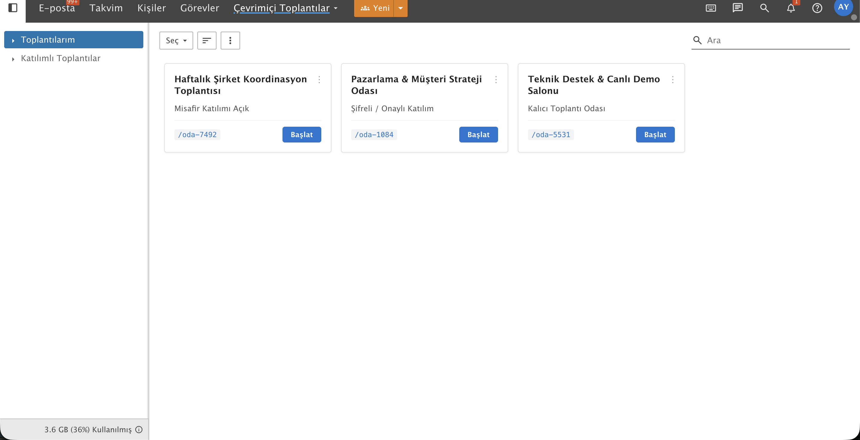 ProMail Webmail Çevrimiçi Toplantılar Ana Ekranı